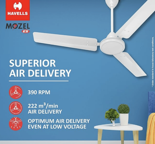 Havells 1200mm Mozel ES Ceiling Fan | Best in class base fan,High Air Delivery, Energy Saving, 100% Pure Copper Motor | 2 Year Warranty | (Pack of 1, Elegant White) - Image 3